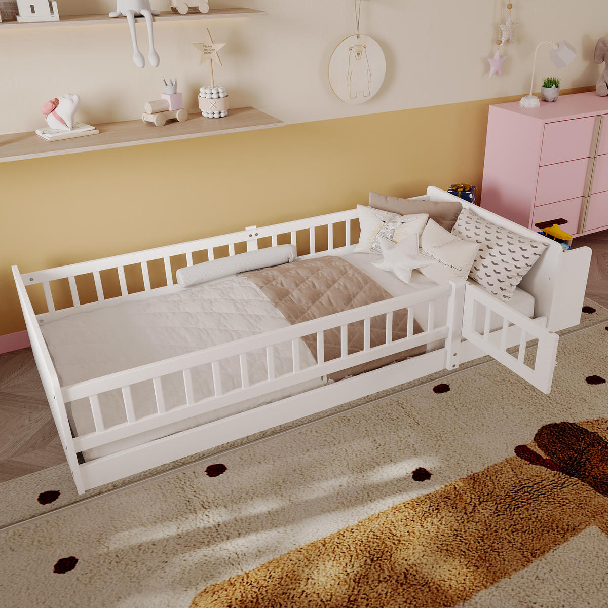 KINDERBETT 90/200 cm Weiß Kiefernholz mit offenem Lager - Weiß, Holz (90/200cm) - OKWISH