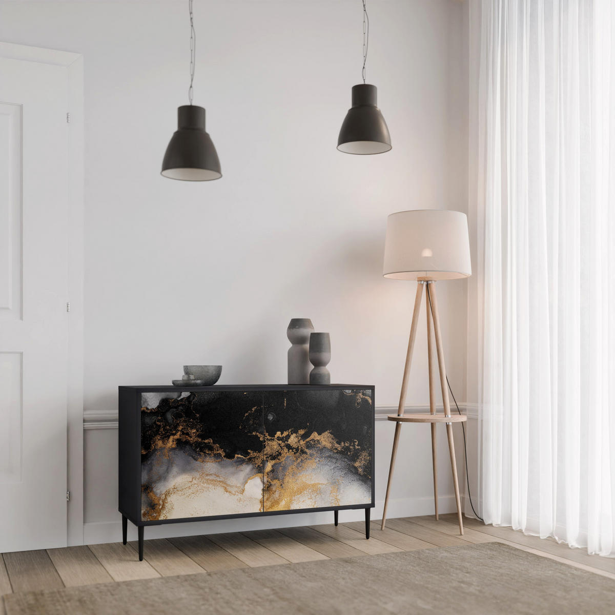 SIDEBOARD MARBLE OF TOMMORROW, Eicheneffekt, 111x42x77,5 cm, 2 Türen - Eichefarben/Buchefarben, Holzwerkstoff/Buchenholz (111/77.5/42cm) - SpaceRebels
