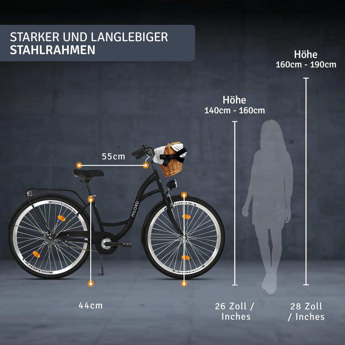 CITY-FAHRRAD Milord mit Weidenkorb, 28 Zoll, Schwarz, 1-Gang - Schwarz, Metall (46cm) - Milordbikes