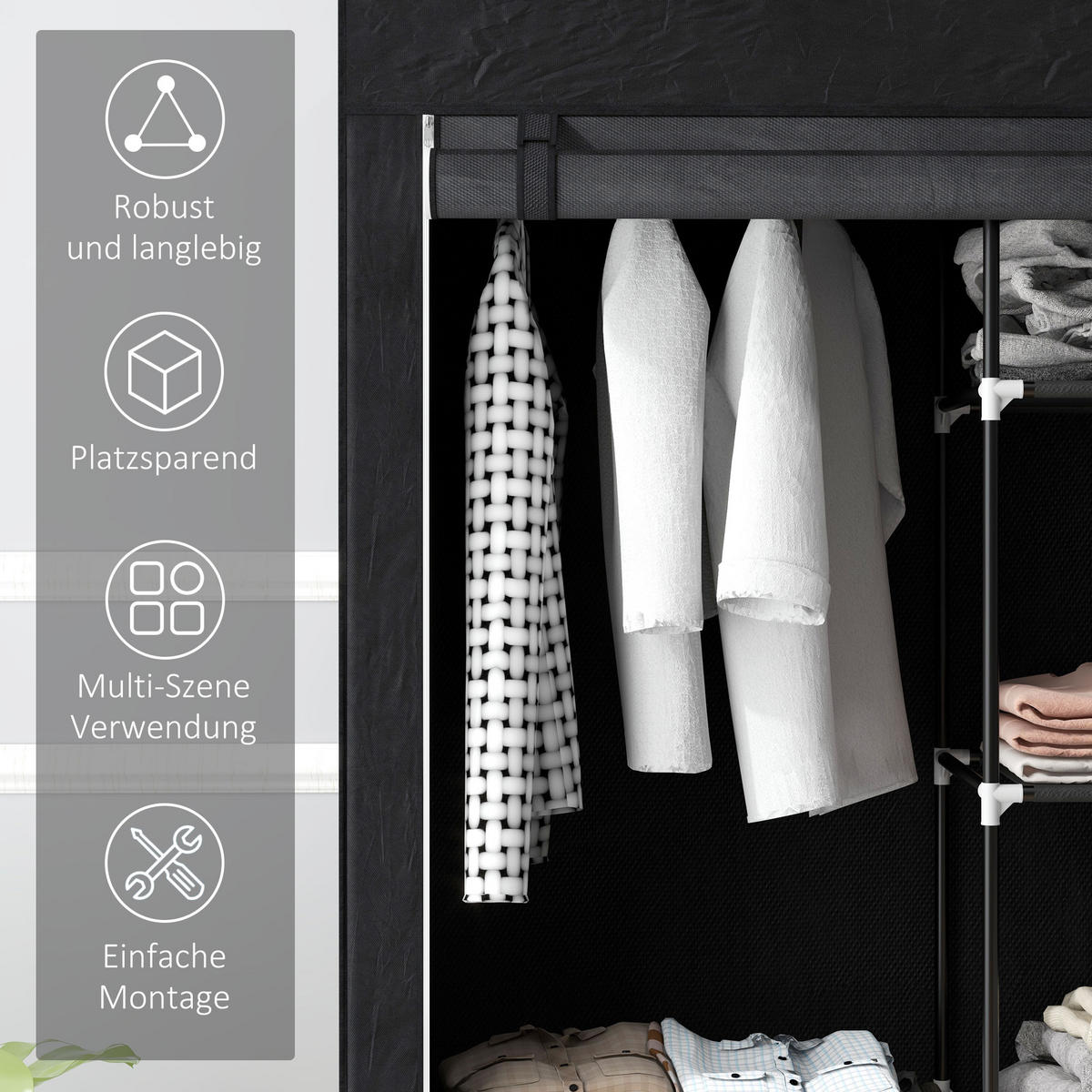 KLEIDERSCHRANK Stoffschrank Faltschrank mit 2 Kleiderstangen, 6 Fächern, Schwarz - Schwarz, Metall (43/162.5/103cm) - HOMCOM