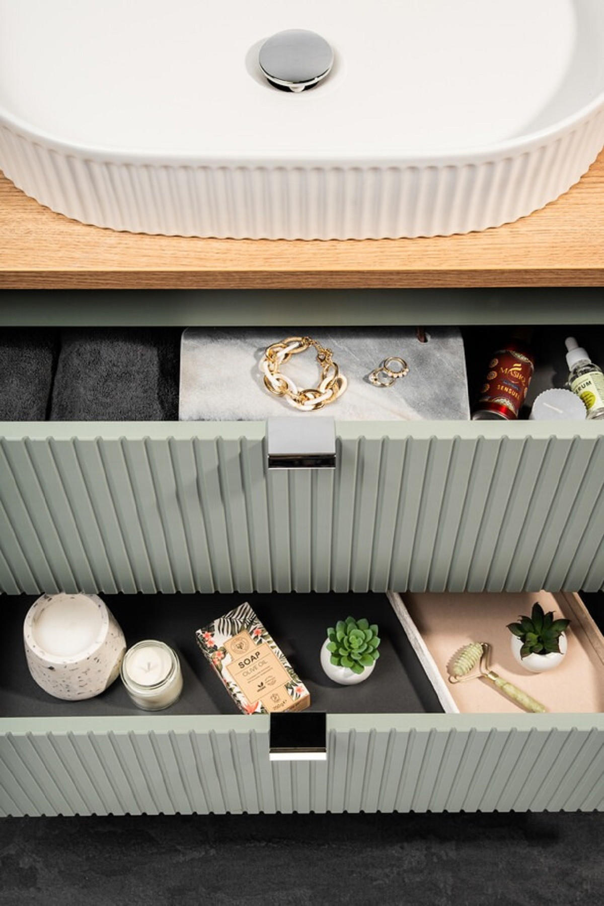 Thumbnail - Badmöbel-Set, Grün, Eiche Artisan, Holz, Nachbildung, 2 Schubladen, 140x57x40 cm, Badezimmer, Badmöbelsets & Badmöbelser...