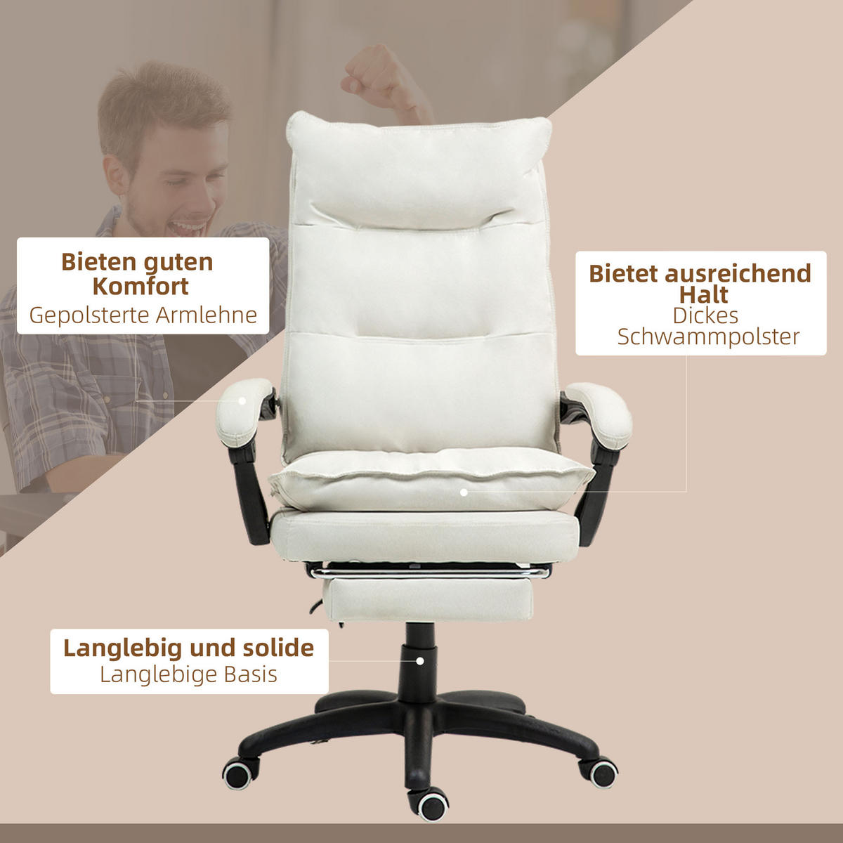 BÜROSTUHL mit 6 Punkt Massage, ergonomischer Gaming Sessel mit Liegefunktion - Creme, Kunststoff (62/130/70cm) - Vinsetto