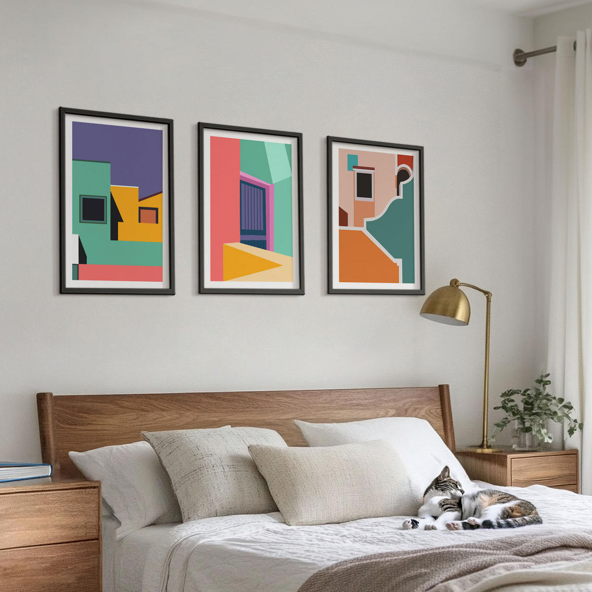 BILDER SET 3er Set - 40x60 cm Schwarzer Rahmen - Farbenfrohe Illustrationen der Stadt - Schwarz, Kunststoff (40/60cm) - TULUP