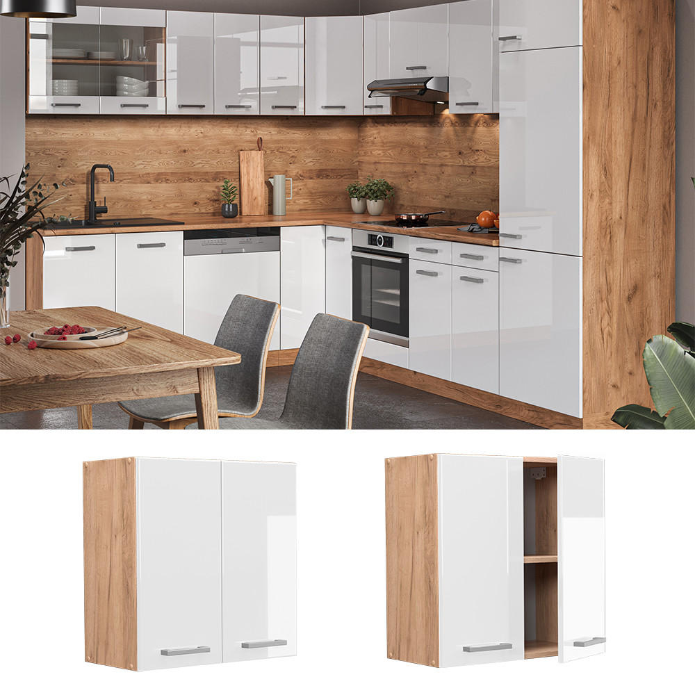 HÄNGESCHRANK R-Line Weiß Hochglanz 60 cm - Weiß Hochglanz/Eiche Wotan, Holzwerkstoff (60/60/31cm) - Vicco