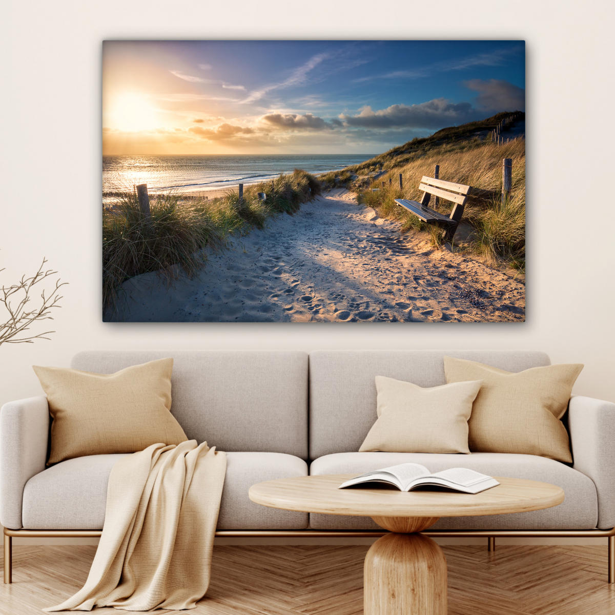 LEINWANDBILD - Sonnenuntergang - Strand - Düne - Gras - Ufer - 120x80 - Kunstdruck - Sandfarben, Textil (120/80cm) - MuchoWow