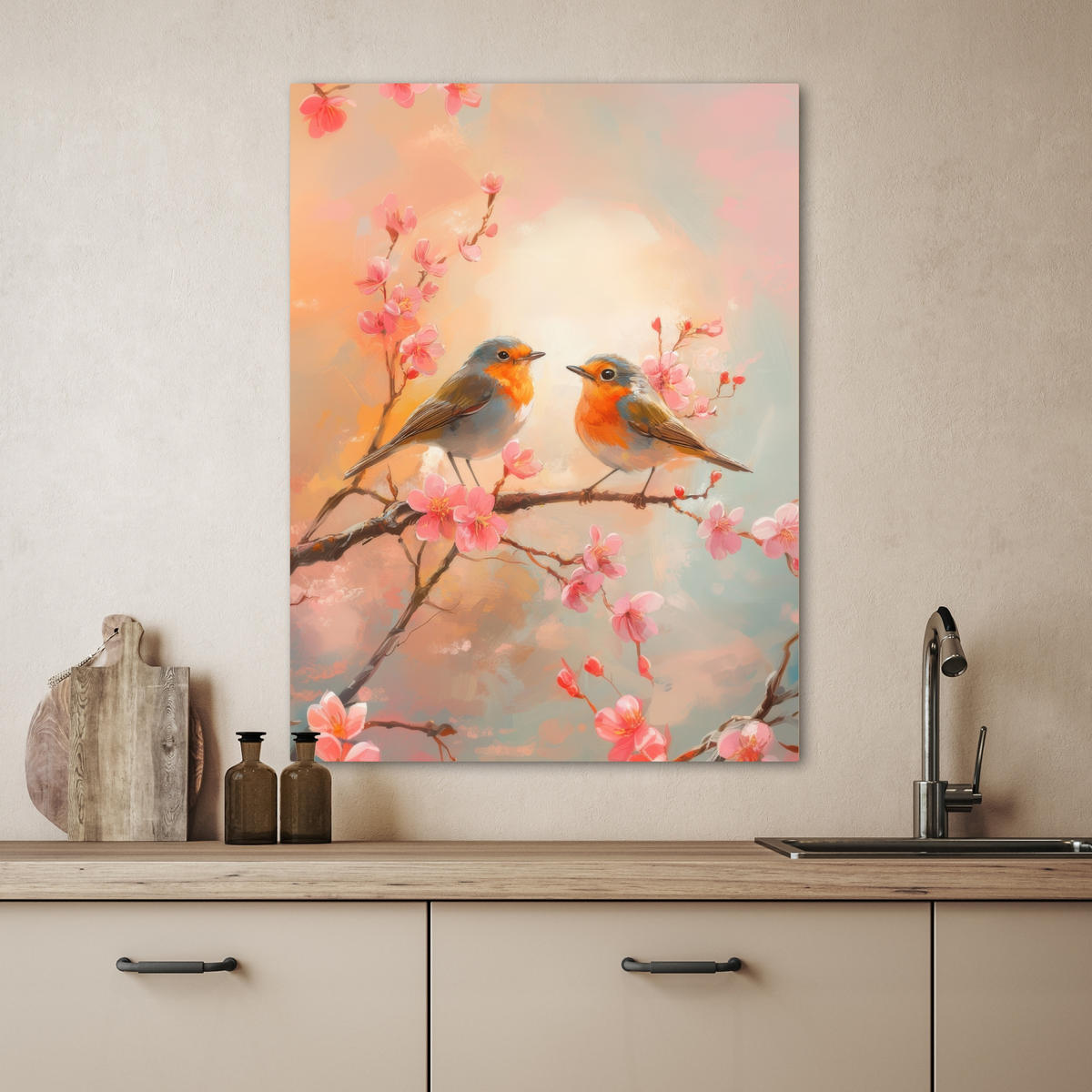 LEINWANDBILD Rotkehlchen - Zierpflanze - Blütenzweig 60x80 cm - Hellrosa, Textil (60/80cm) - MuchoWow