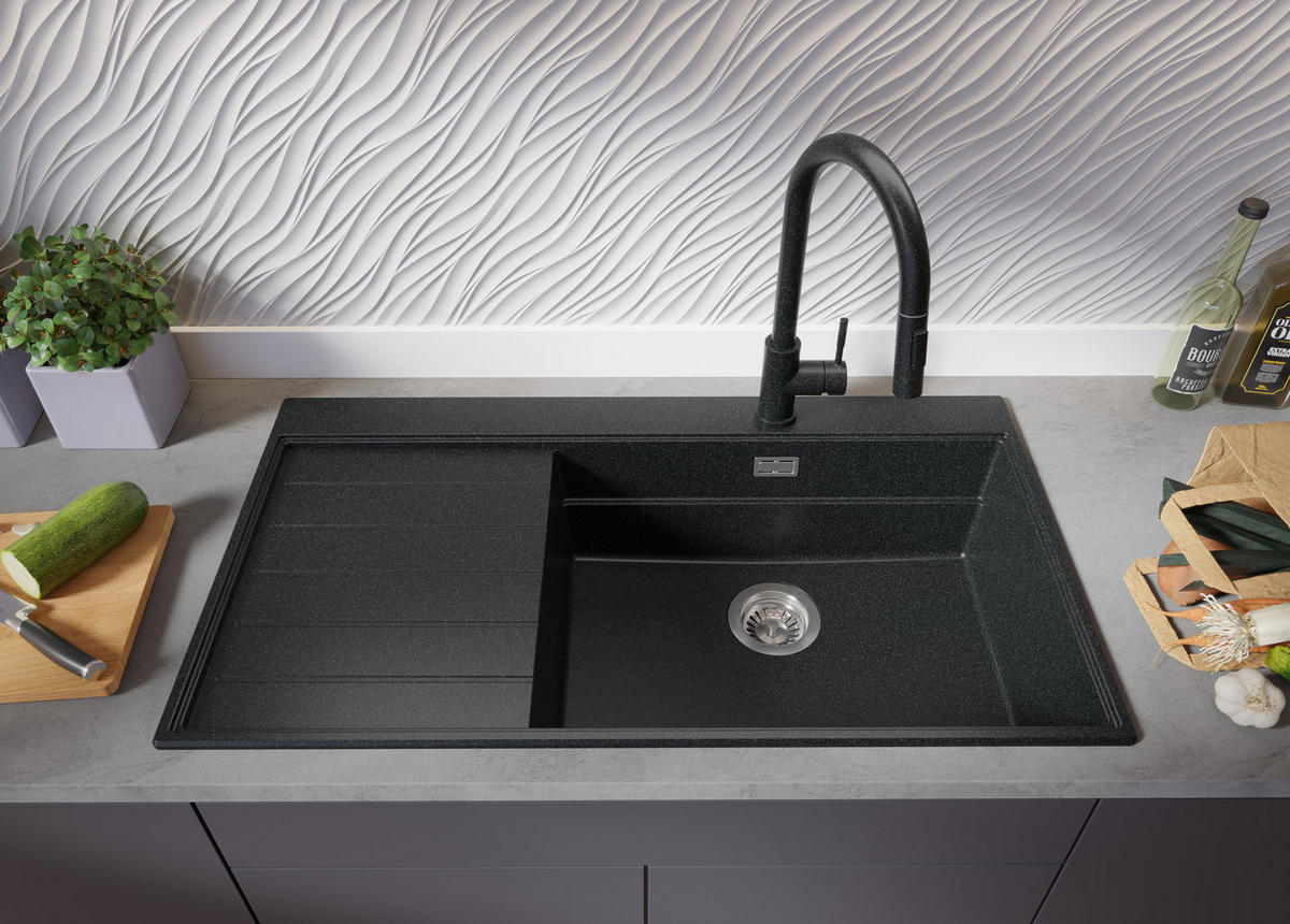 SPÜLBECKEN Sydney, 2-er set Anthrazit 90/50 cm 1 Becken + Ablauf-Set + Küchenzubehörset ab 60er Unterschrank - Chromfarben/Anthrazit, Kunststoff (90/20/50cm) - Primagran