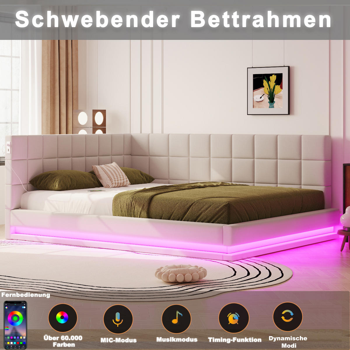 POLSTERBETT 160x200 cm Beige Schlafsofa LED USB Lattenrost - Beige, Naturmaterialien - FLIEKS