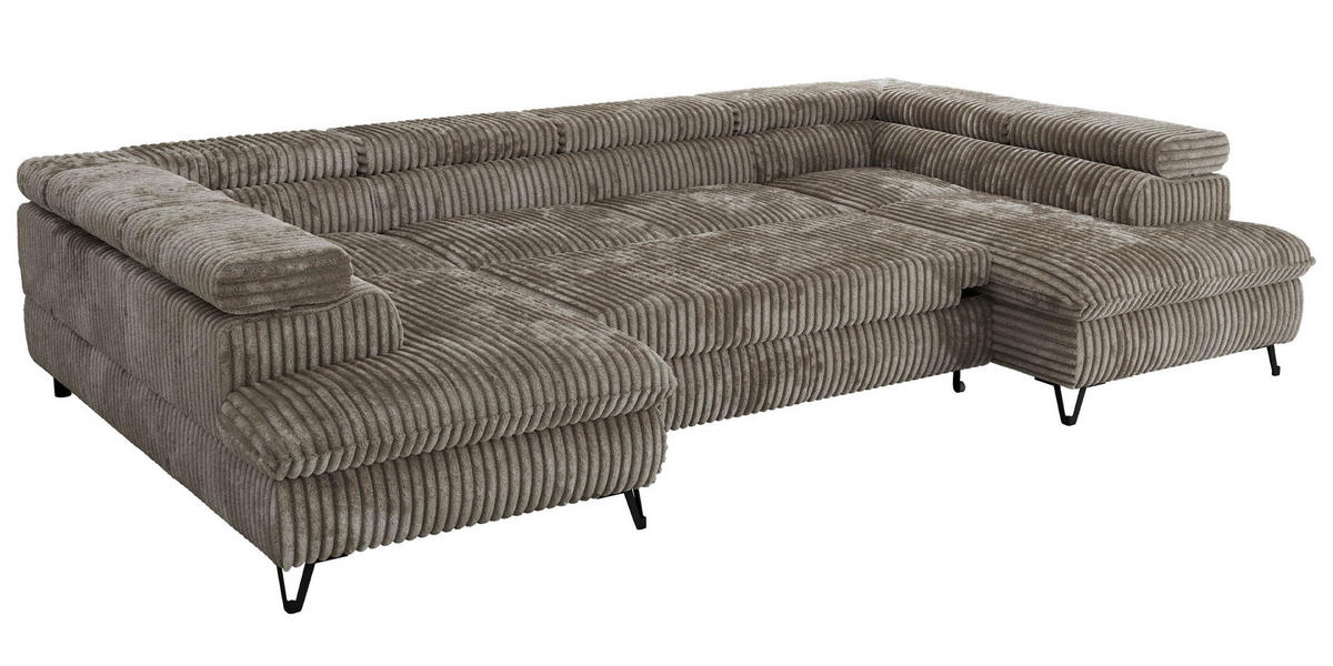 WOHNLANDSCHAFT PABLO U Cord Hellbraun mit Topper Visco - Schwarz/Grau, Textil/Metall (346/76/208cm) - MKS