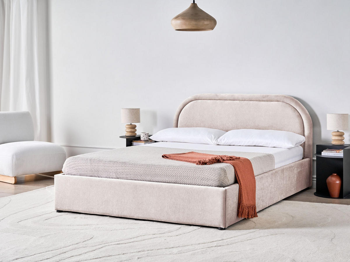 BETT mit Stauraum 140/200 cm Chenillegewebe Taupe Quillien - Taupe, Textil (140/200cm) - Beliani