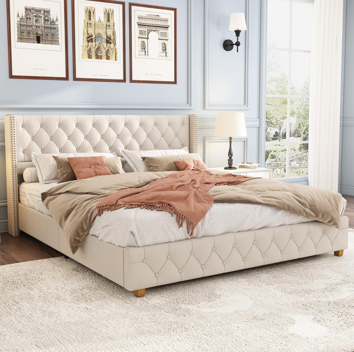 POLSTERBETT 180/200 cm mit Lattenrost, Knopfheftung & Nieten am Kopfteil, Beige - Beige, Textil (180/200cm) - Redom