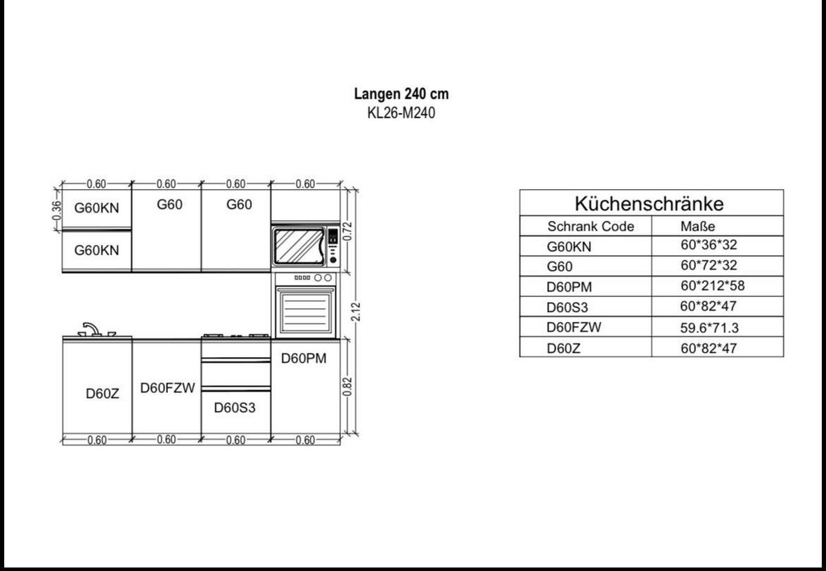 KÜCHENZEILE 240 cm - Langen KL26-M240 - in Beige/Matt - Beige, Holz (240/212/58cm)