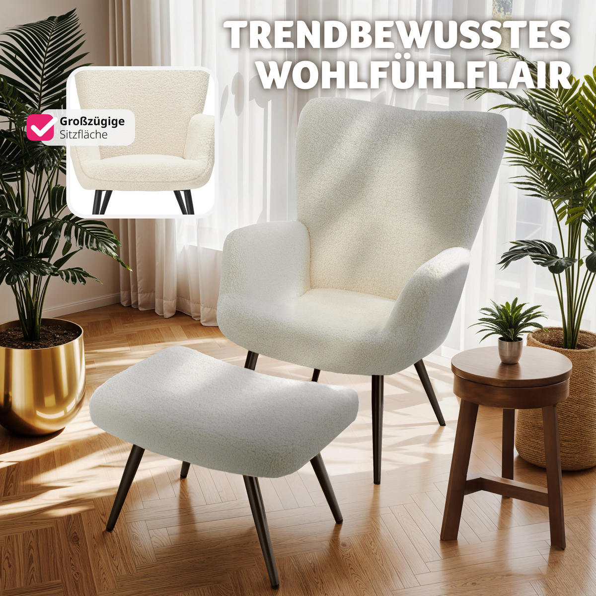 SESSEL Hygge,72 x 76 x 100,5 cm,Bouclé creme/schwarz - Creme/Schwarz, Kunststoff (72/100.5/76cm) - tectake