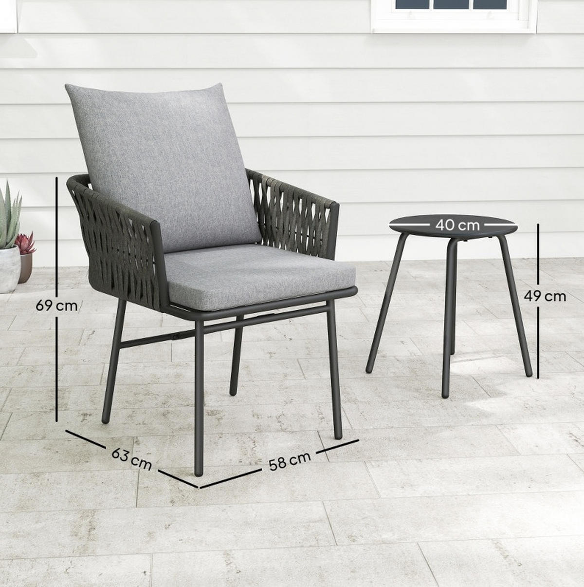 BISTROSET 58/63/69 cm mit 2 Sesseln, Tisch und abnehmbaren Kissen, Stahl, Grau - Grau, Metall - Redom