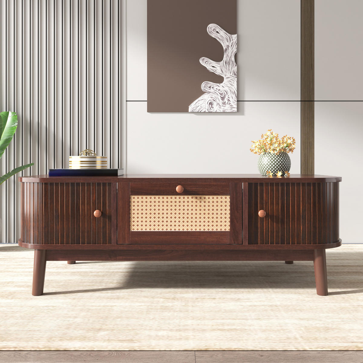 COUCHTISCH Rattan mit Schubladen und Schiebetüren aus Massivholz 110/55/38,5 cm - Walnussfarben, Holzwerkstoff (110/55/38.5cm) - EVRYAE