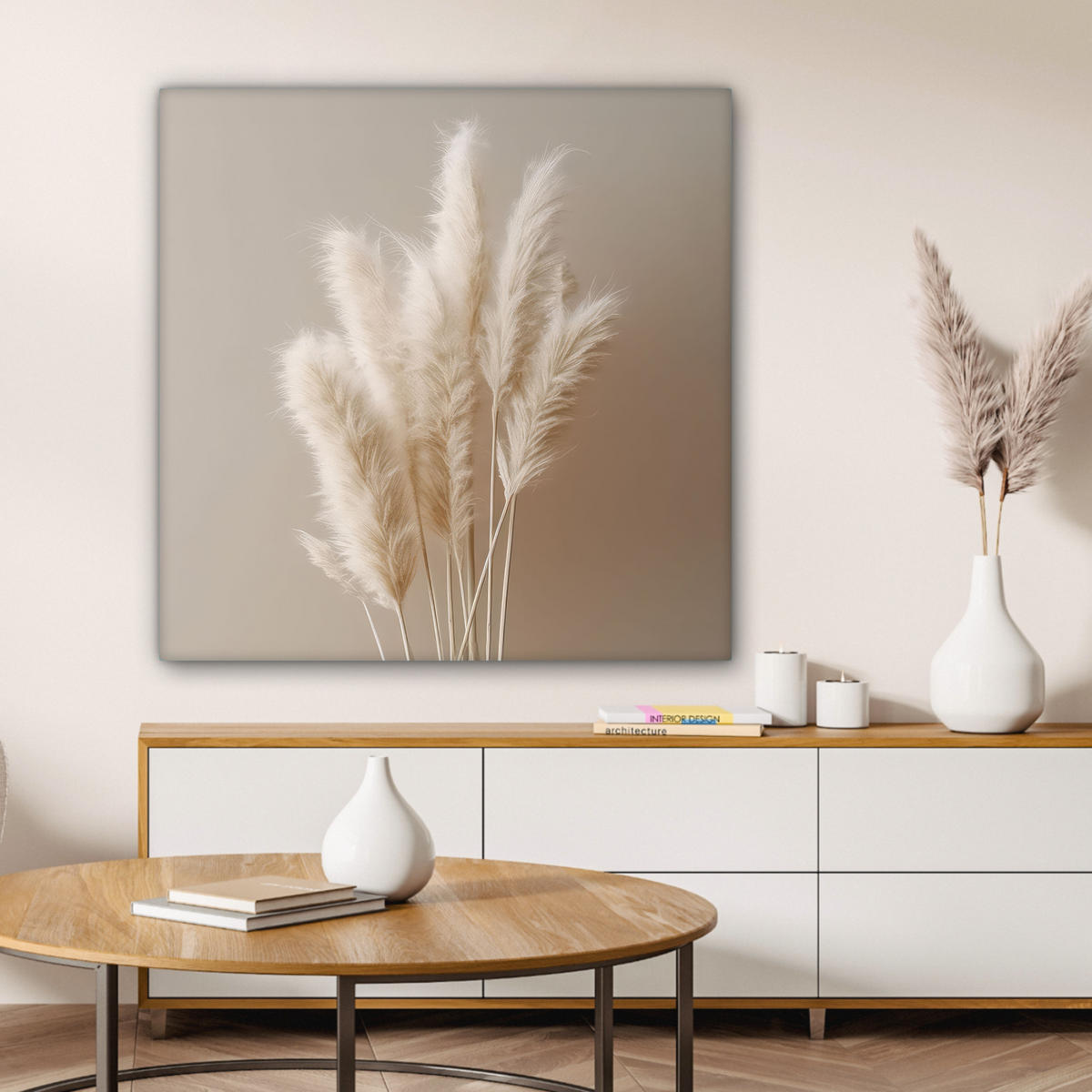 LEINWANDBILD Pampasgras - Federn - Pastell - Weiß Deko Groß 90x90 cm - Naturfarben, Textil (90/90cm) - MuchoWow