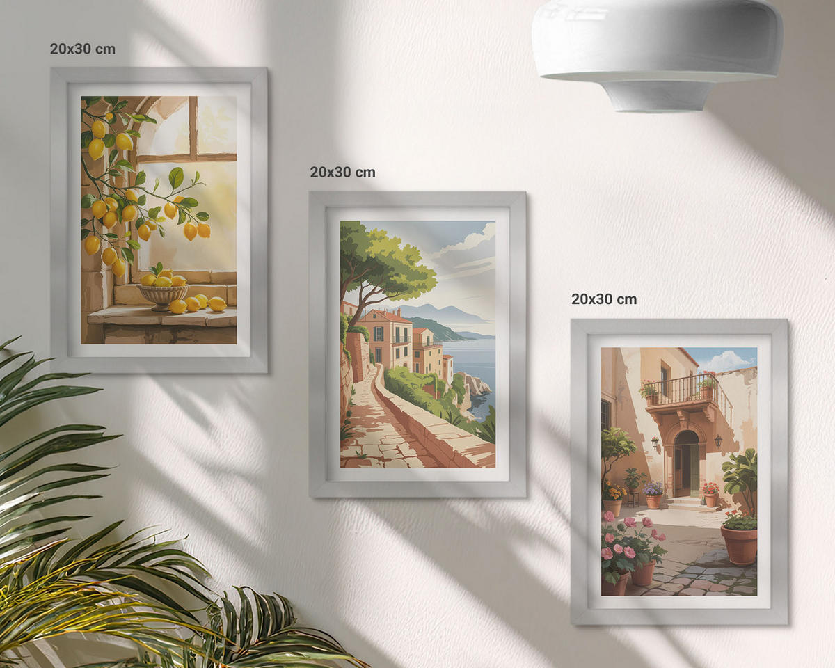 WANDBILDER 3er Set - 20x30 cm Silberner Rahmen - Zitrusfrüchte in der Küchenmeerstadt - Silberfarben, Kunststoff (20/30cm) - ArtPrintCave