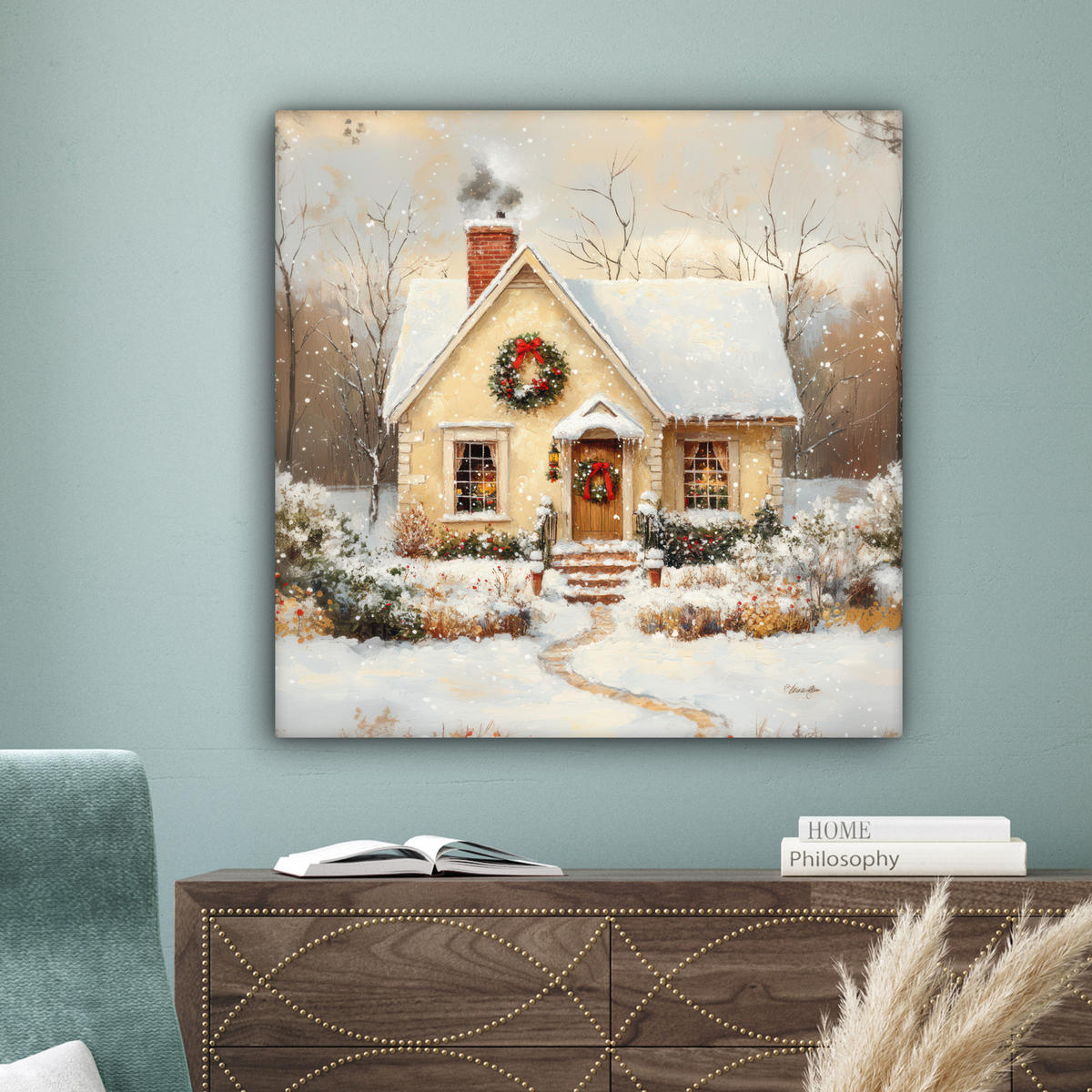 LEINWANDBILD Weihnachten - Zuhause - Winter - Schnee 90x90 cm - Creme, Textil (90/90cm) - MuchoWow
