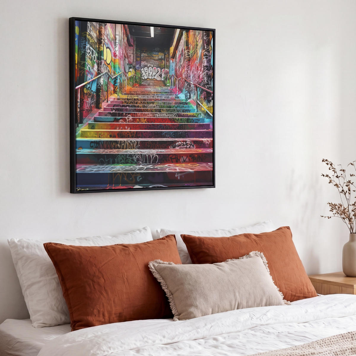 LEINWAND Bilder mit Rahmen - Treppe - Graffiti - Farben - Kunst - 50x50 - Multicolor, Textil (50/50cm) - MuchoWow