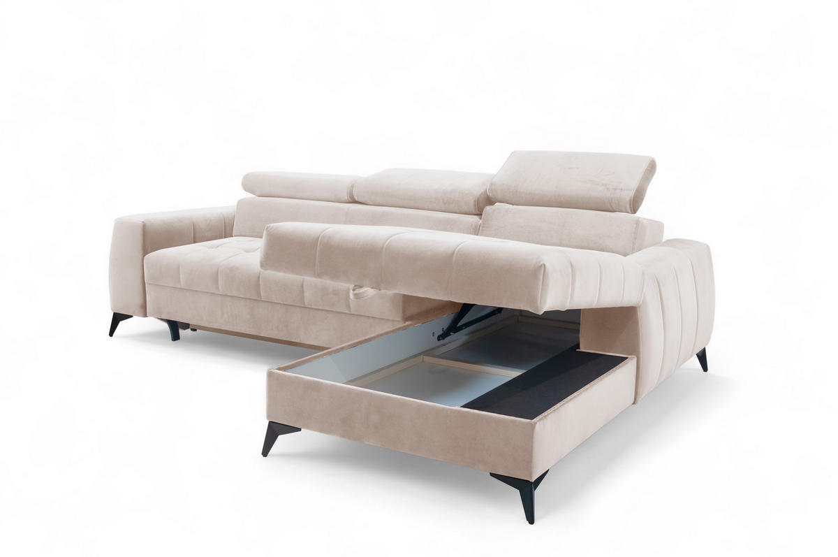 ECKSOFA L Form Arkucio Mini Beige 260/200/95 cm Rechts mit Schlaffunktion - Beige/Schwarz, Textil/Metall (260/200cm) - AX Living
