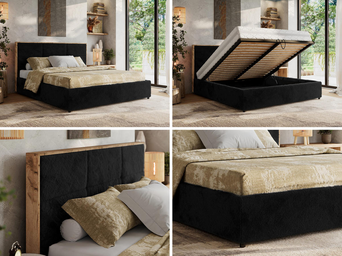 POLSTERBETT LERIO CLASSIC 160/200 - Schwarz Plüsch - Multipocket-Matratze - Schwarz, Textil (160/200cm) - MKS