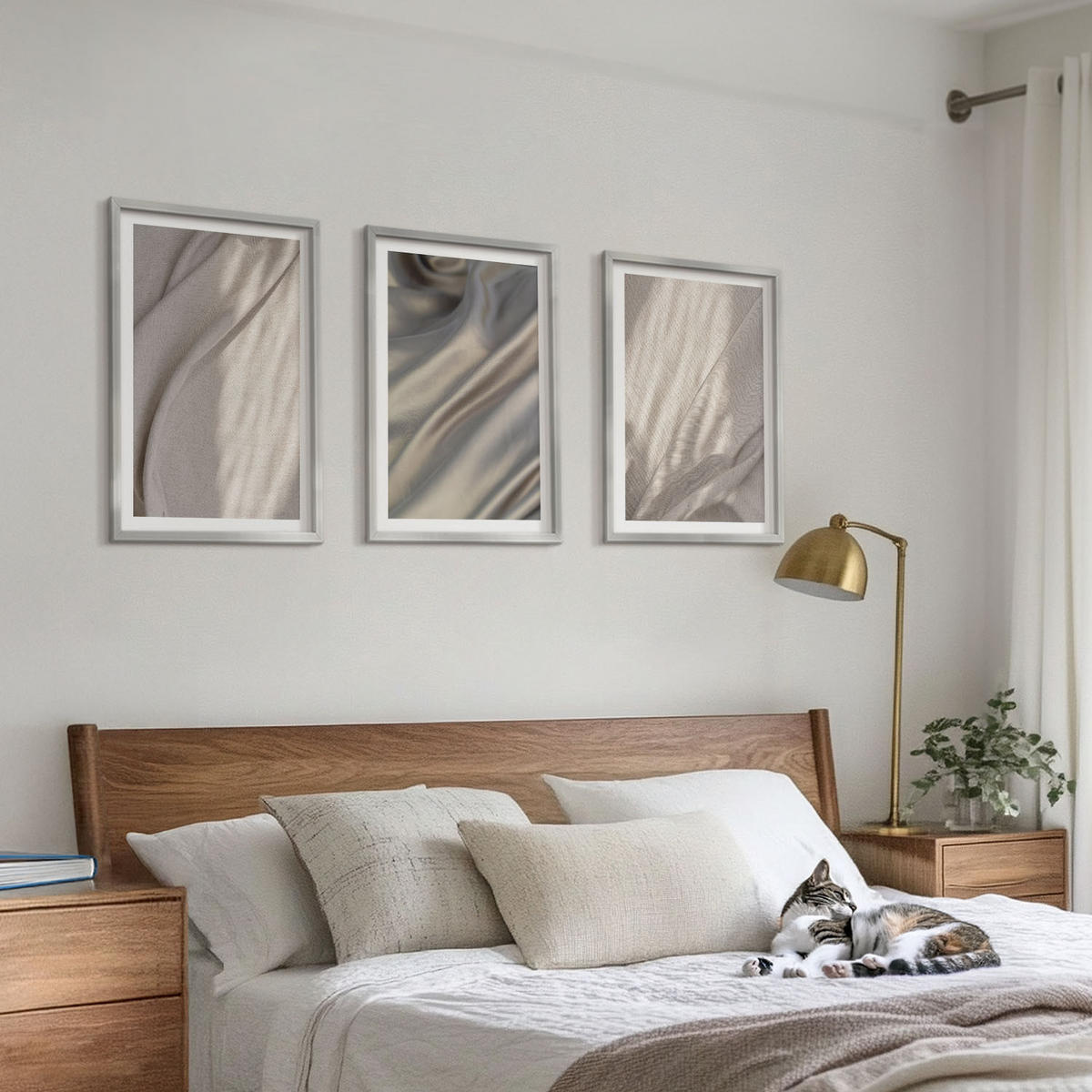 WANDBILDER 3er Set - 40x60 cm Silberner Rahmen - Nahaufnahme von natürlichen Boho-Stoffen - Silberfarben, Kunststoff (40/60cm) - ArtPrintCave