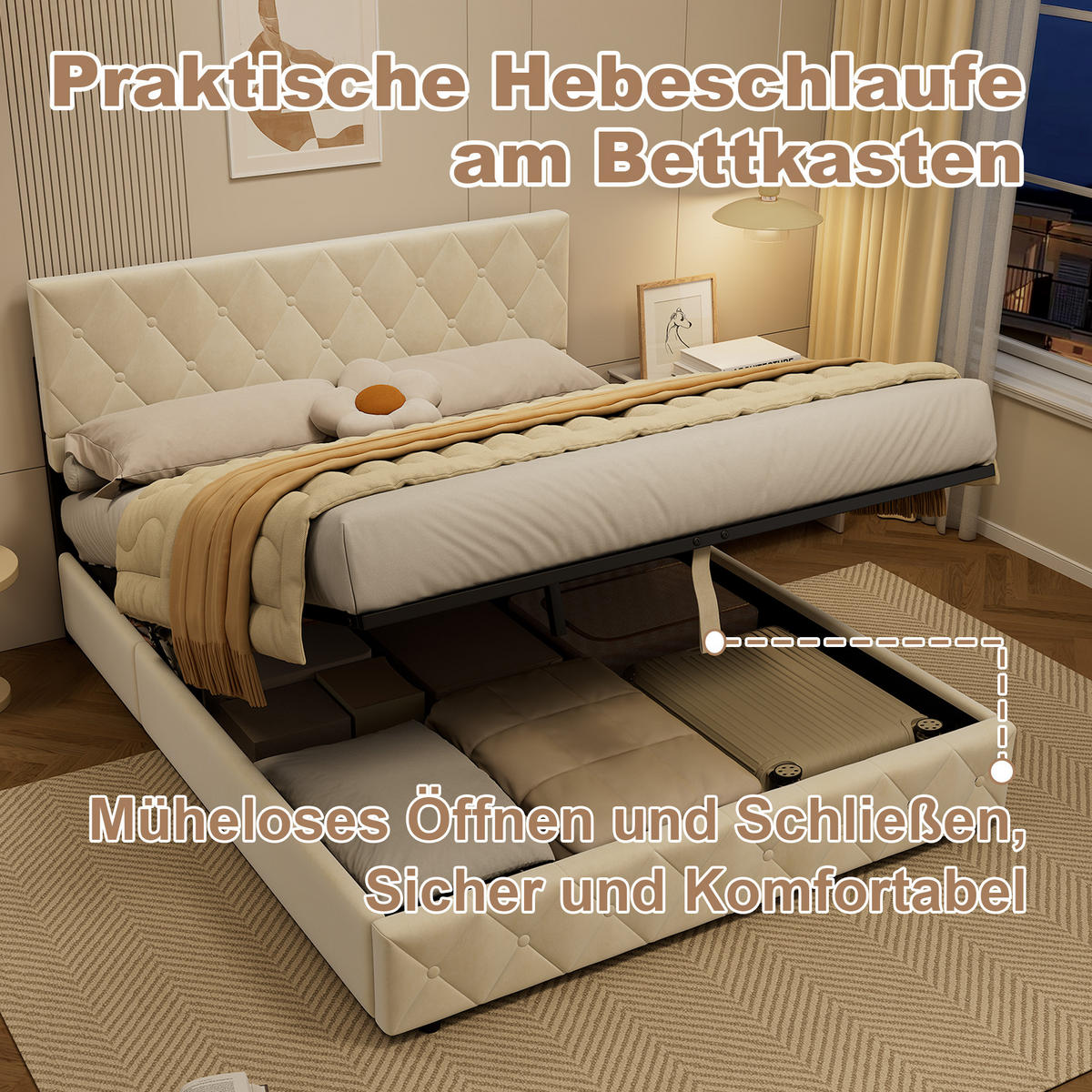 POLSTERBETT 160/200 cm mit Bettkasten in Beige Samt, ohne Matratze - Beige, Holzwerkstoff/Textil (160/200cm) - WISHDOR