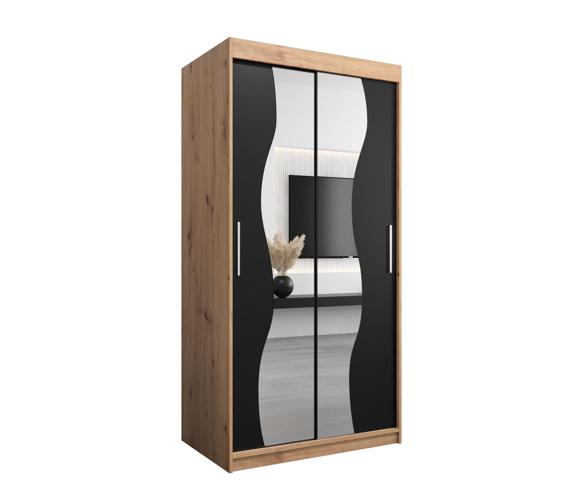 Abiks Möbel Schwebetürenschrank Eiche Artisan, Schwarz 100x200x62 cm
