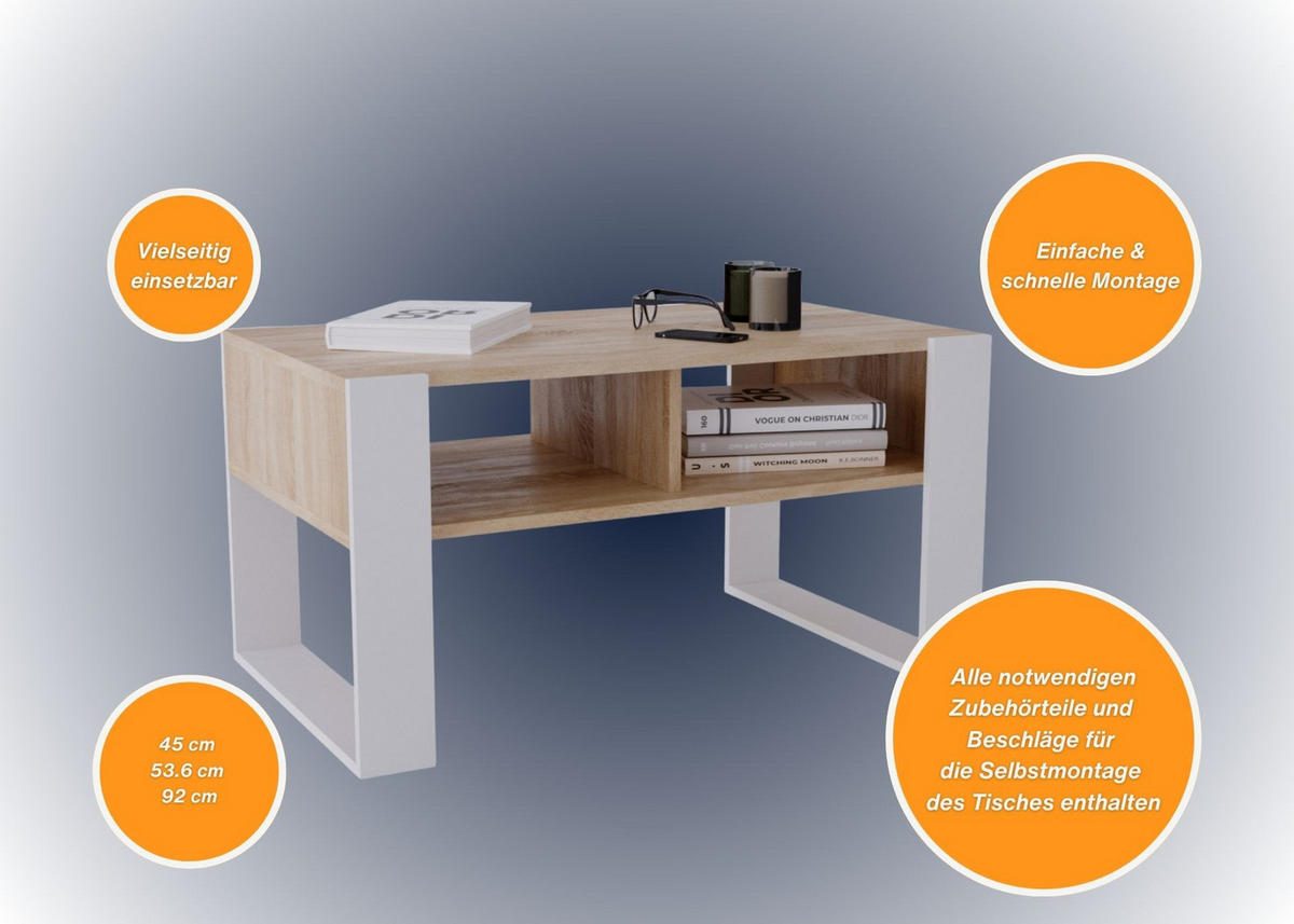 COUCHTISCH Kora92 92/45/53,6 - Weiß/Sonoma Eiche, Holzwerkstoff (54/92/45cm) - RAUMHIRSCH FURNITURE