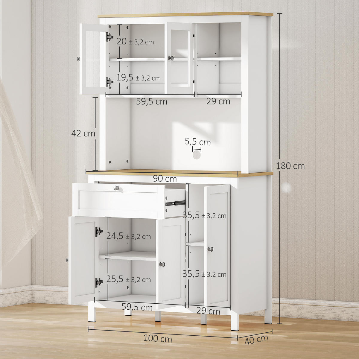 KÜCHENSCHRANK Weiß, 5 Türen, 1 Schublade, 100/40/180 cm - Weiß, Holz (100/180/40cm) - PANGIVO