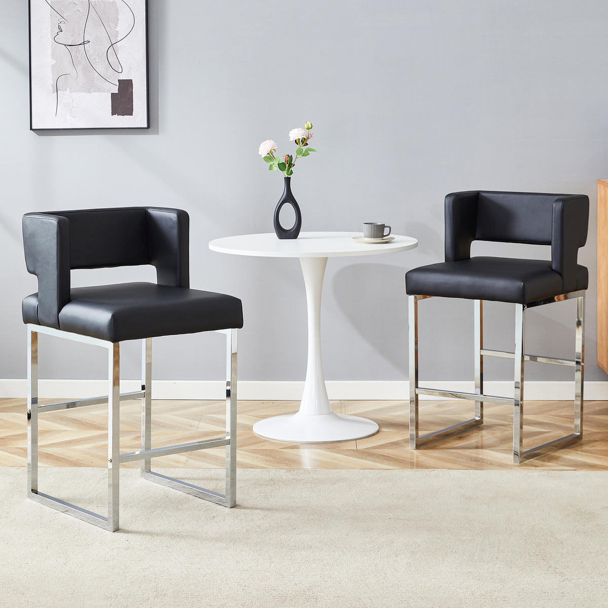 BARHOCKER 2er-Set Schwarz & Silber mit PU-Leder im quadratischen Design - Schwarz, Metall (48/91.4/53.3cm) - PANGIVO