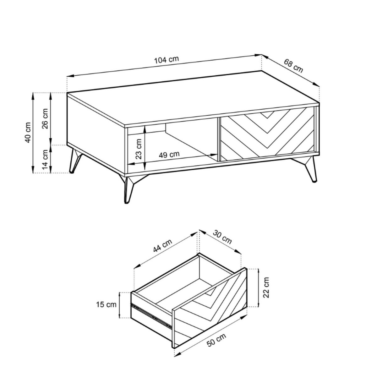 COUCHTISCH DIAMOND Ł2SZ (Eiche Evoke, Schwarz, Fischgrätmuster, Metallfüße, Push to Open) - Eichefarben/Schwarz, Holz/Holzwerkstoff (68/104/40cm) - Ravio