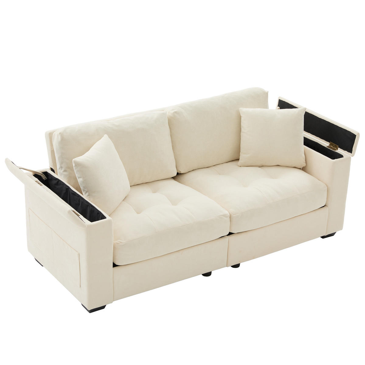 SOFA s 2 sjedala u bež boji sa spremnikom u naslonima za ruke, od šenila - bež/crna, drvni materijal/tekstil (180/84/81.5cm) - CHICFURN
