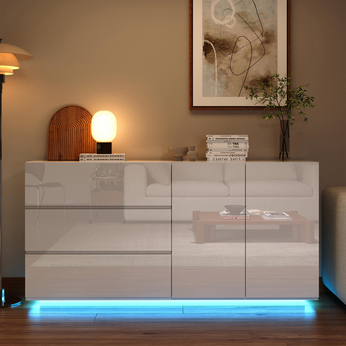 SIDEBOARD WEISS Hochglanz mit LED-Beleuchtung, 3 Schubladen & 2 Türen - Weiß, Holzwerkstoff (35/76/160cm) - SHOPENTRA