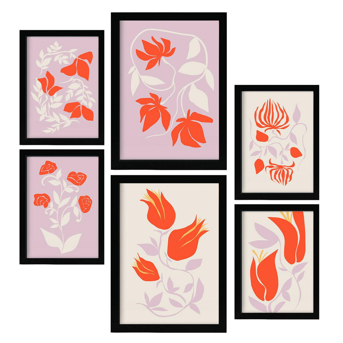 POSTER Set Mit 6 Blumenrahmen 3 Zusammenfassung A3 & A4 Schwarzer Rahmen - Schwarz, Papier (29/3cm) - Nacnic