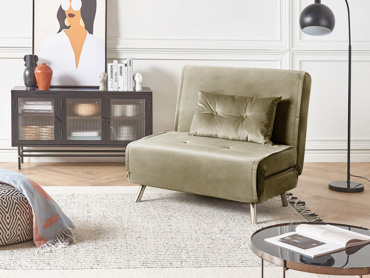 1-SITZER-SCHLAFSOFA Samtstoff Olivgrün Farris - Olivgrün, Textil (100/89/191cm) - Beliani