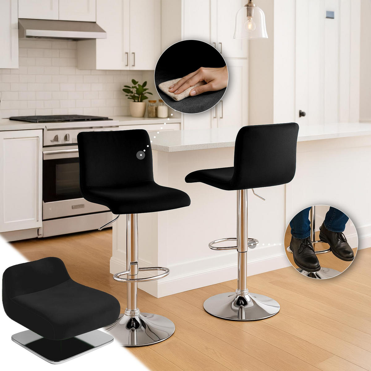 BARHOCKER Samt Schwarz - Schwarz, Textil (39/83/36cm) - CLP