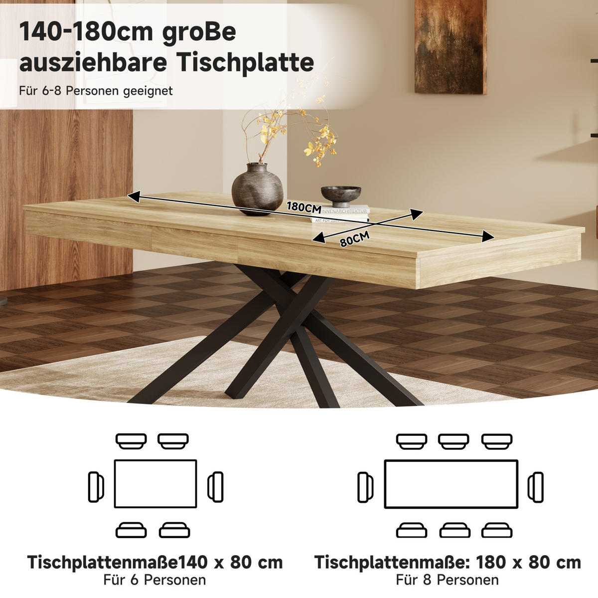 ESSTISCH 140/180/80 cm in Eichefarben aus MDF, ausziehbar für 6 bis 8 Personen - Eichefarben, Holzwerkstoff (180/80/76cm) - Flora Grace
