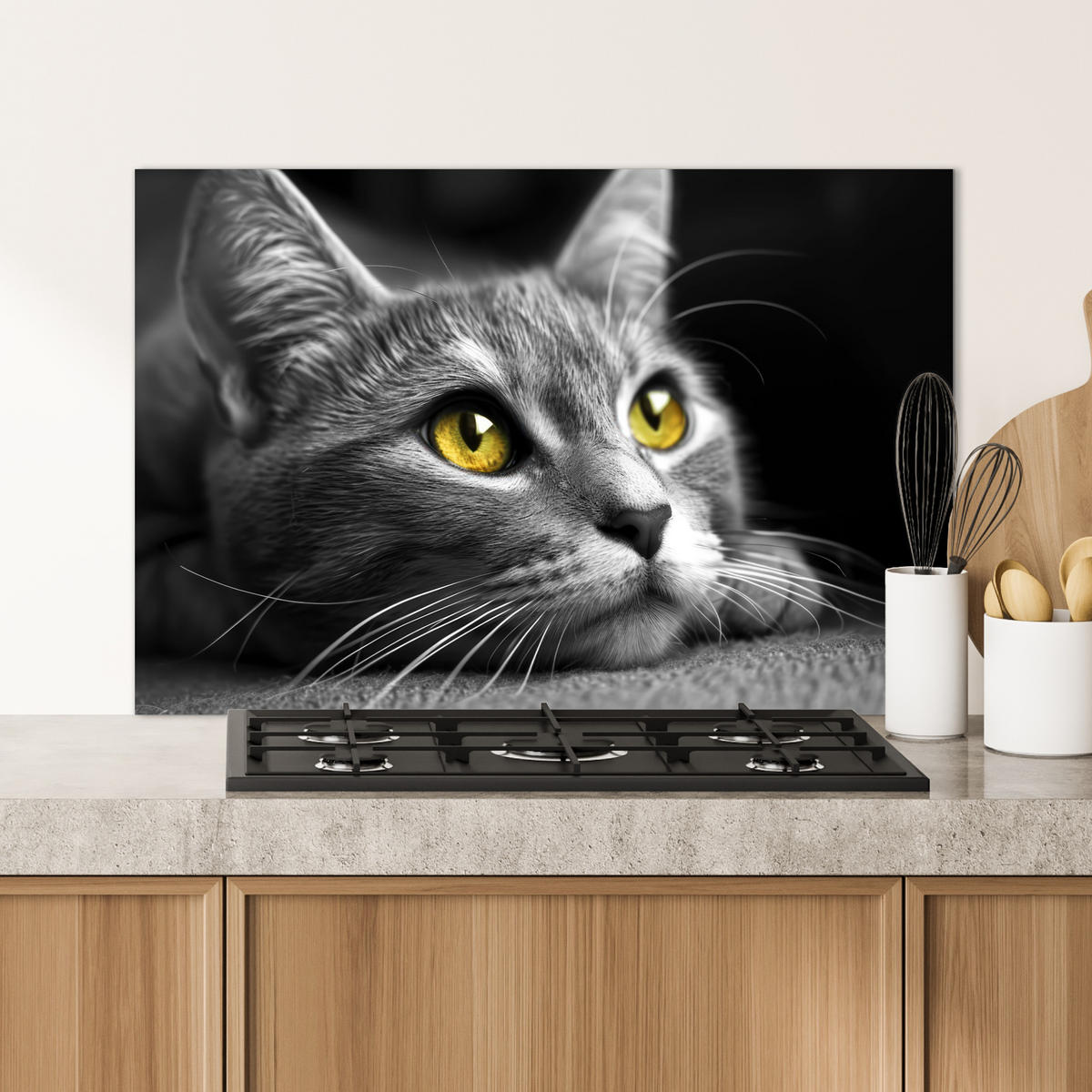 SPRITZSCHUTZ KÜCHE Katze - Grau - Tiere - Katze 80x55 cm - Grau, Metall (80/0.3/55cm) - MuchoWow