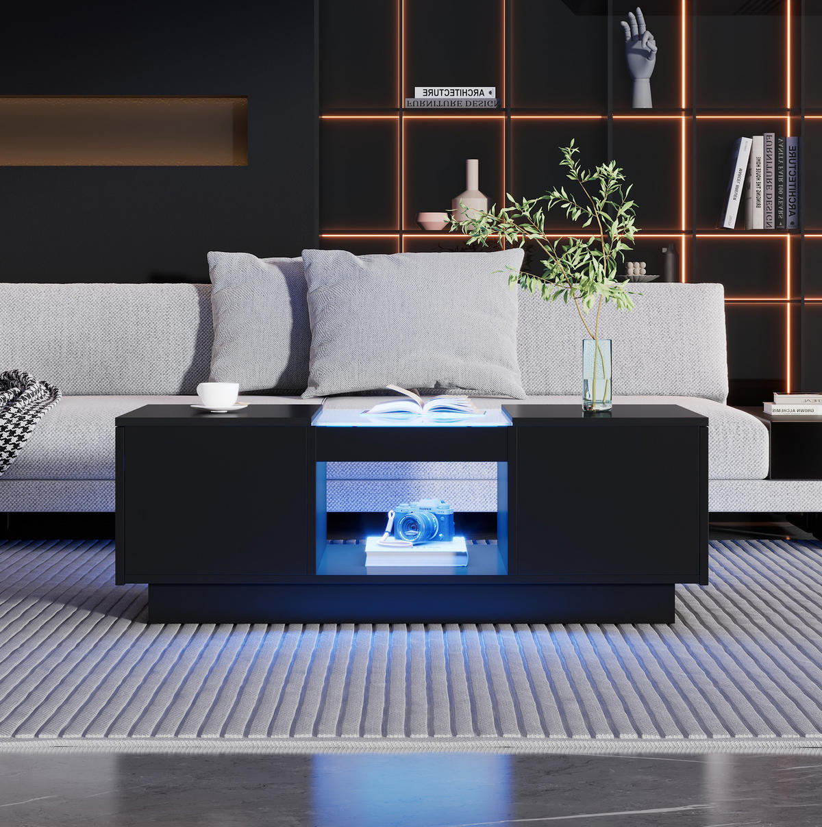 COUCHTISCH mit LED-Beleuchtung 100 x 50 cm Schwarz mit 2 Schubladen - Schwarz, Holzwerkstoff (100/50/35.5cm) - Meubliv