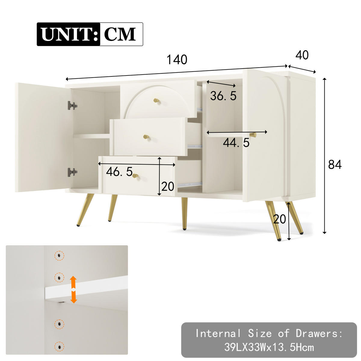 KOMMODE 140/84/40 cm Creme-Weiß aus Holz und Metall mit verstellbarem Fachboden - Weiß, Holz (84/40/140cm) - OKMYHOME