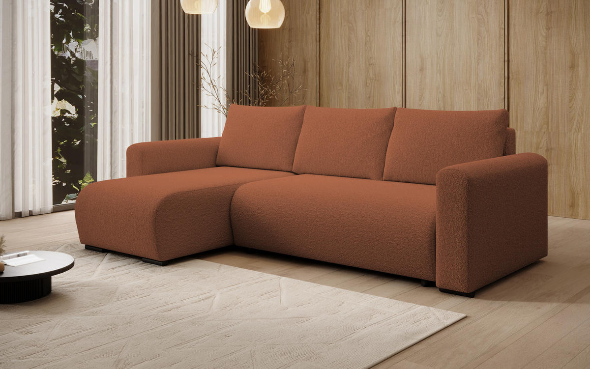 ECKSOFA DORA L, Eckcouch in L-Form mit Schlaffunktion und Bettkasten, Farbe: Orange, Bouclé-Stoff, Ottomane Links - Orange, Textil (240/143cm) - Storez24