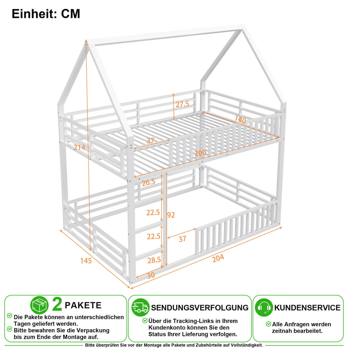 ETAGENBETT 140/200 cm in Weiß mit LED und Zaun-Design - Weiß, Metall (140/200cm) - CHICFURN