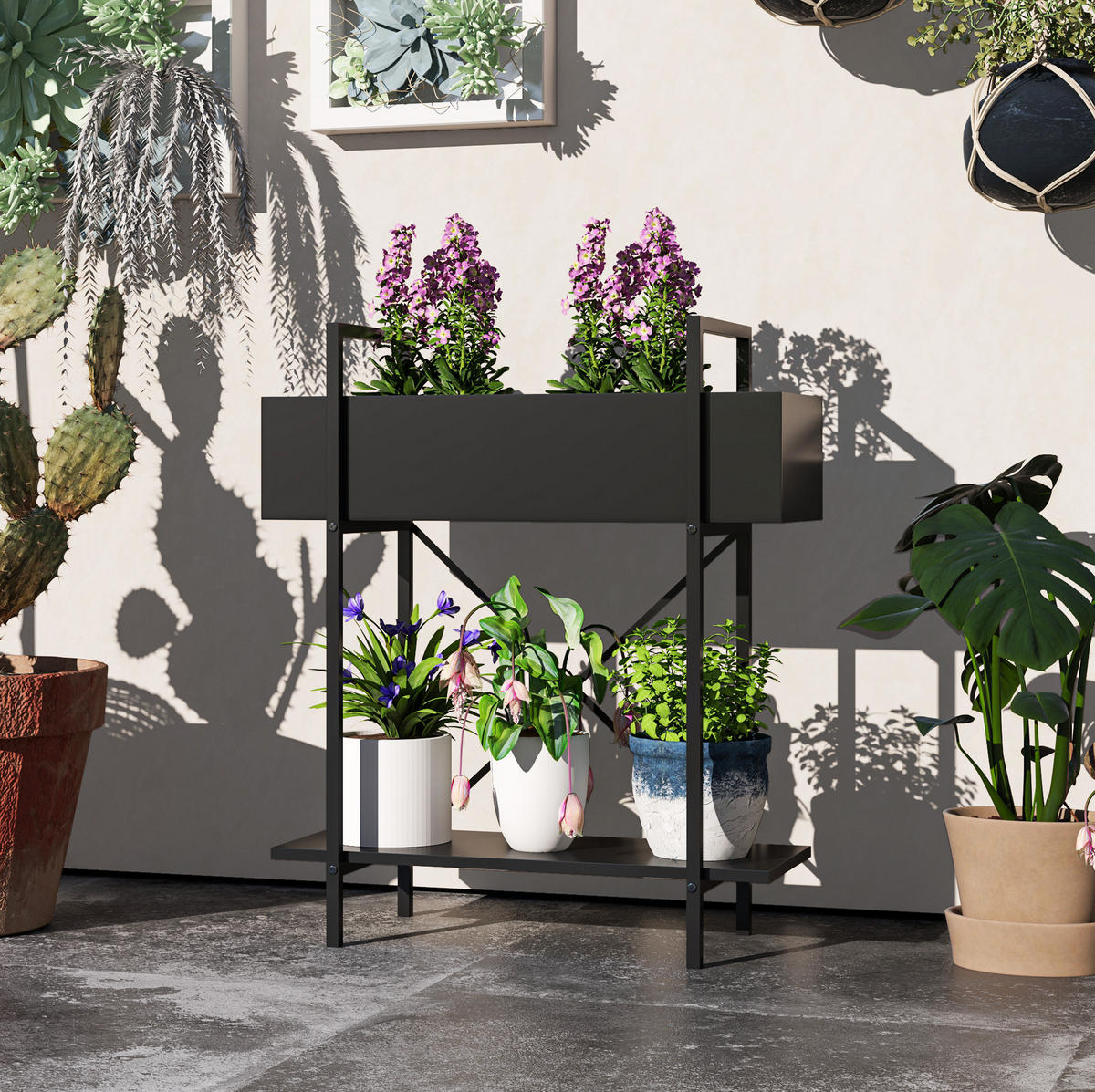 GARTENREGAL aus Metall 60x25x70 cm in Schwarz mit 2 Ebenen - Schwarz, Metall (25/70/60cm) - Modfu