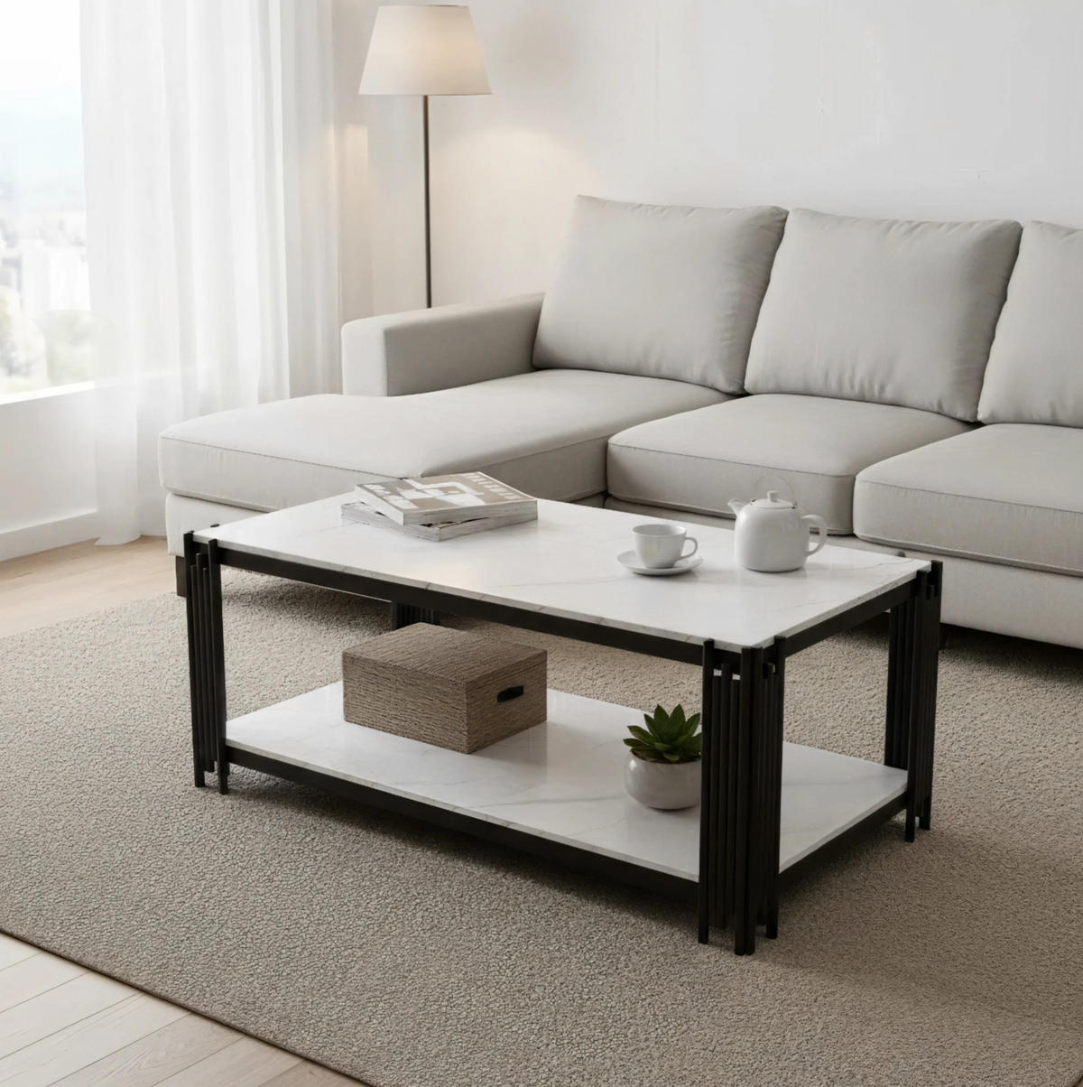 COUCHTISCH 114/64/46 cm in Weiß-Schwarz mit 2 Ablagen und Marmoroptik - Schwarz, Holzwerkstoff (114/64/46cm) - Flora Grace