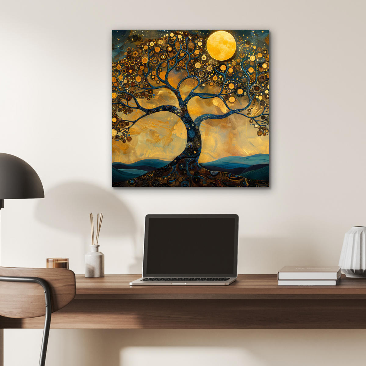 KOVOVÝ OBRAZ Strom - Mesiac - Kvety - Zlato - Umenie 50x50 cm - oranžová, kov (50/50cm) - MuchoWow