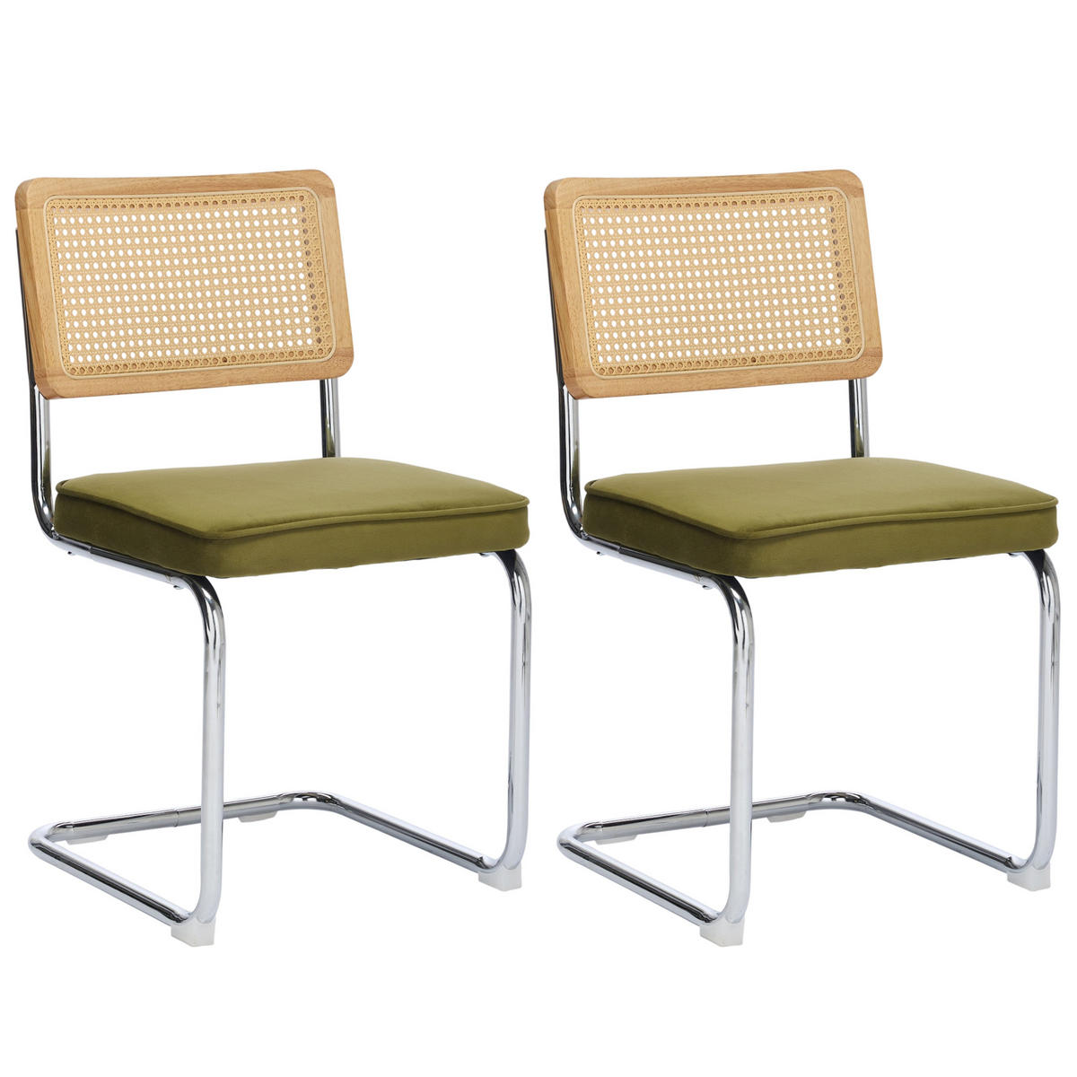 ESSZIMMERSTUHL Set 2er Olivgrün Samt & Rattan Freischwinger mit Chromgestell - Olivgrün, Textil (59/81/47cm) - Urban Meuble
