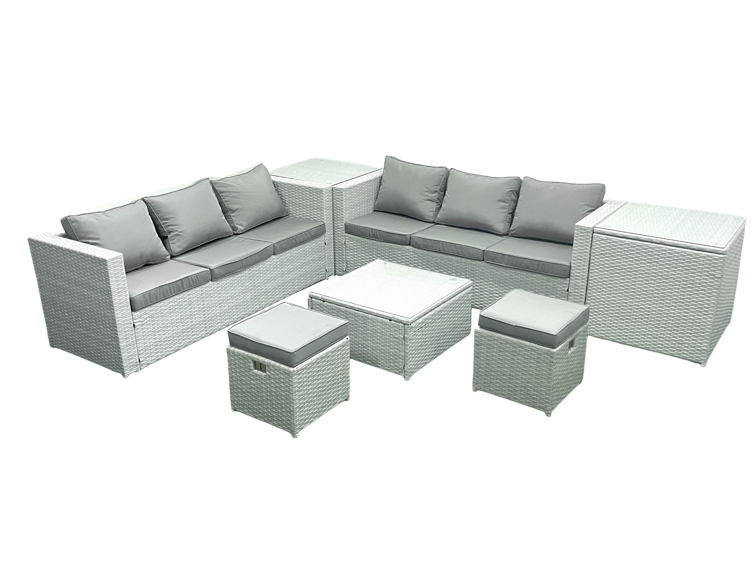 GARTENMÖBEL-SET mit Kissen Polyrattan Hellgrau-Mix 8-Sitzer - Hellgrau/Grau, Glas/Kunststoff - Fimous