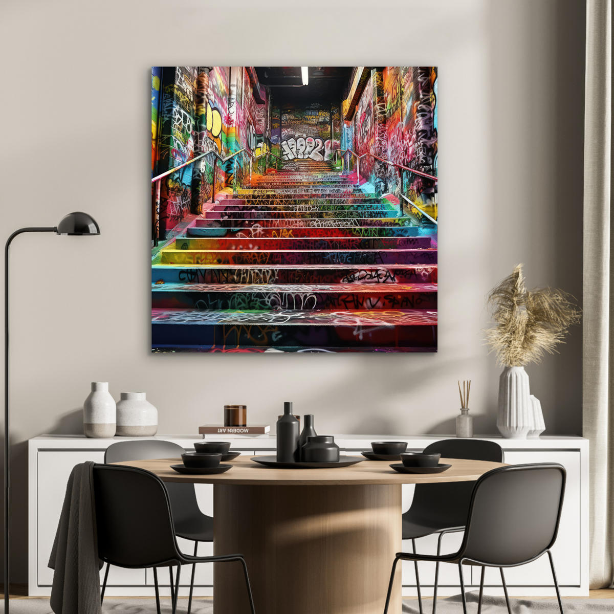 KOVOVÝ OBRAZ Schody - Graffiti - Farby - Umenie 90x90 cm - viacfarebná, kov (90/90cm) - MuchoWow