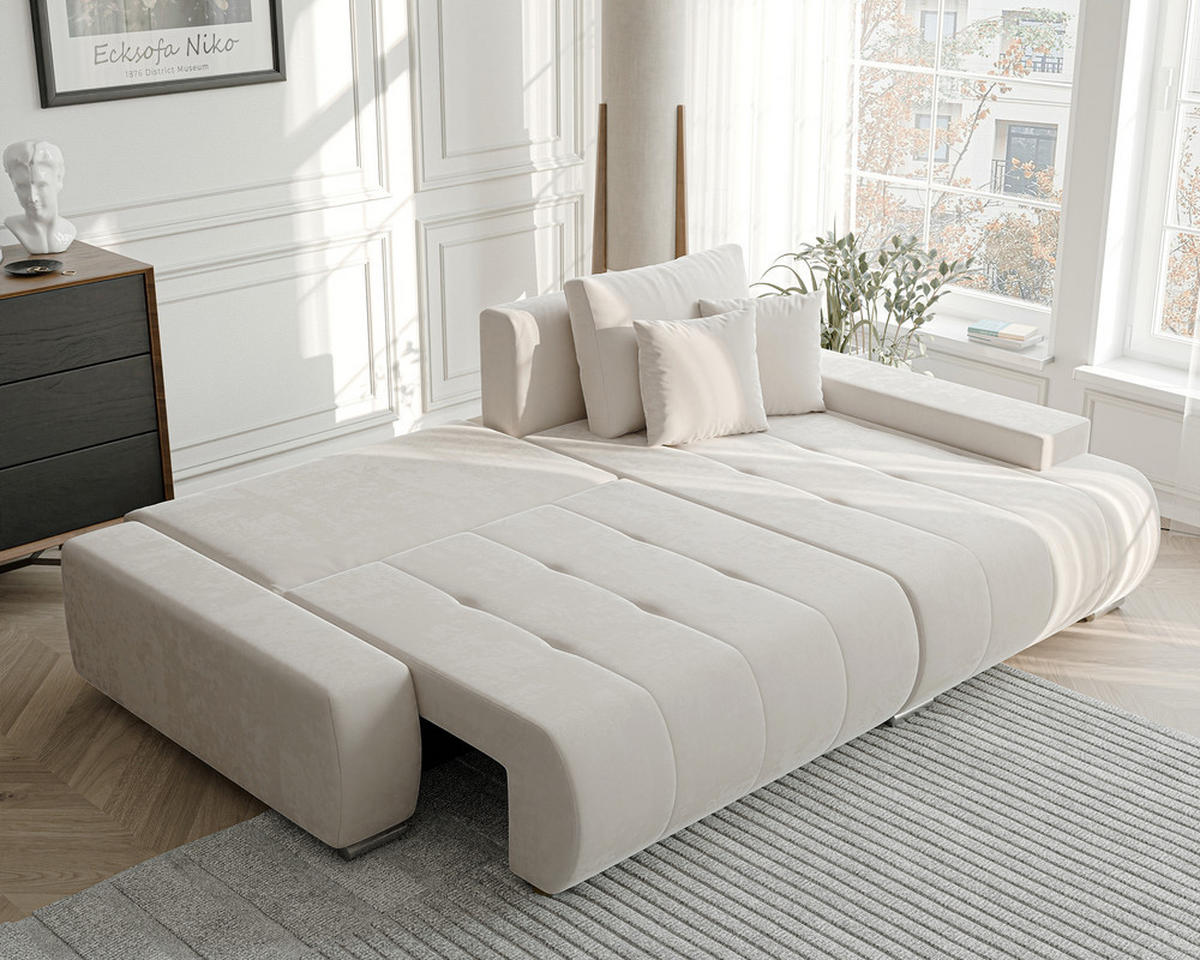 ECKSOFA NIKO Rechts, mit Schlaffunktion und Bettkasten, Creme - Creme, Textil (227/153cm) - Idohome